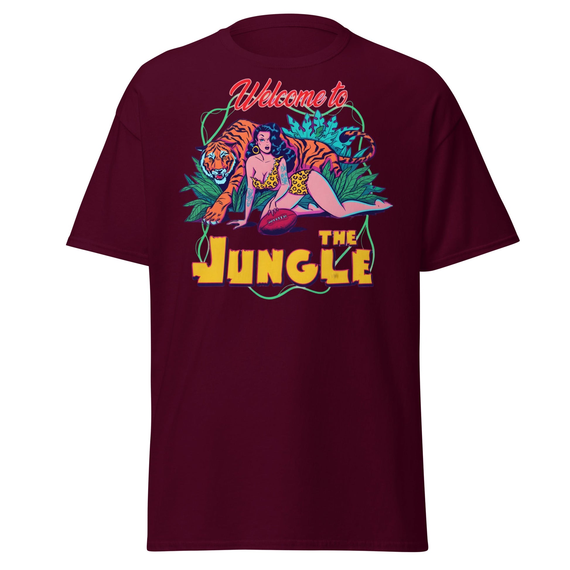 Welcome to the Jungle T-Shirt | Retro Pin - Up Tiger Tee - Maroon - T-Shirts Online