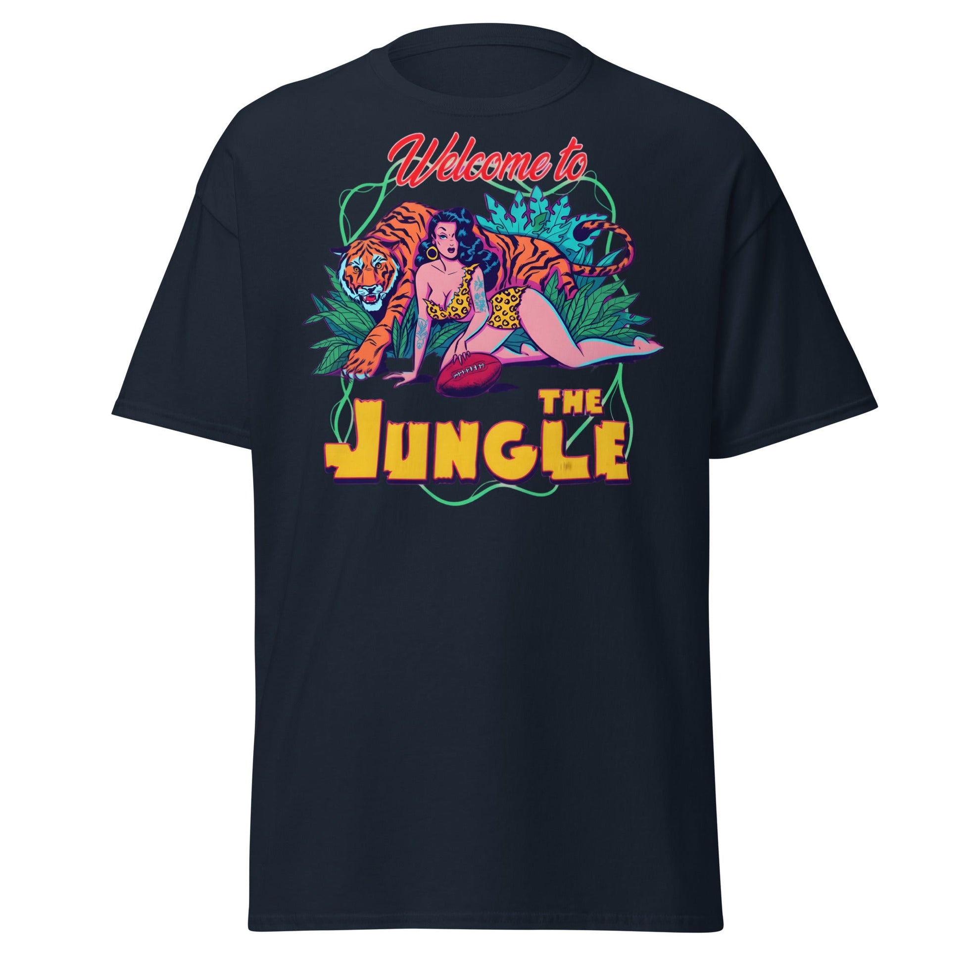 Welcome to the Jungle T-Shirt | Retro Pin - Up Tiger Tee - Navy - T-Shirts Online