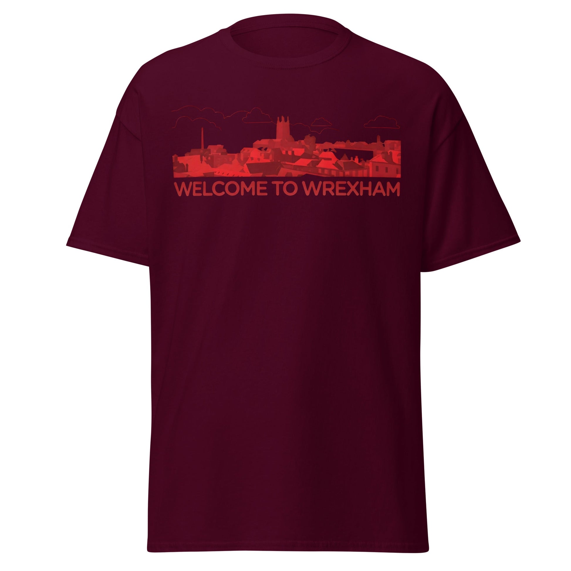 Welcome to Wrexham T-Shirt – Welsh City Skyline Tee - Maroon - T-Shirts Online