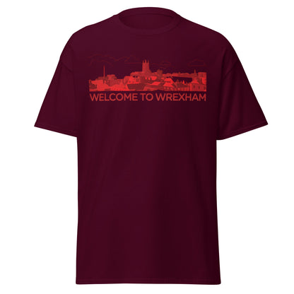 Welcome to Wrexham T-Shirt – Welsh City Skyline Tee - Maroon - T-Shirts Online