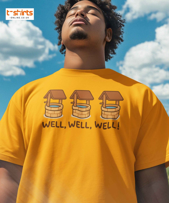 Person wearing a yellow t-shirt with a well design and text against a blue sky.