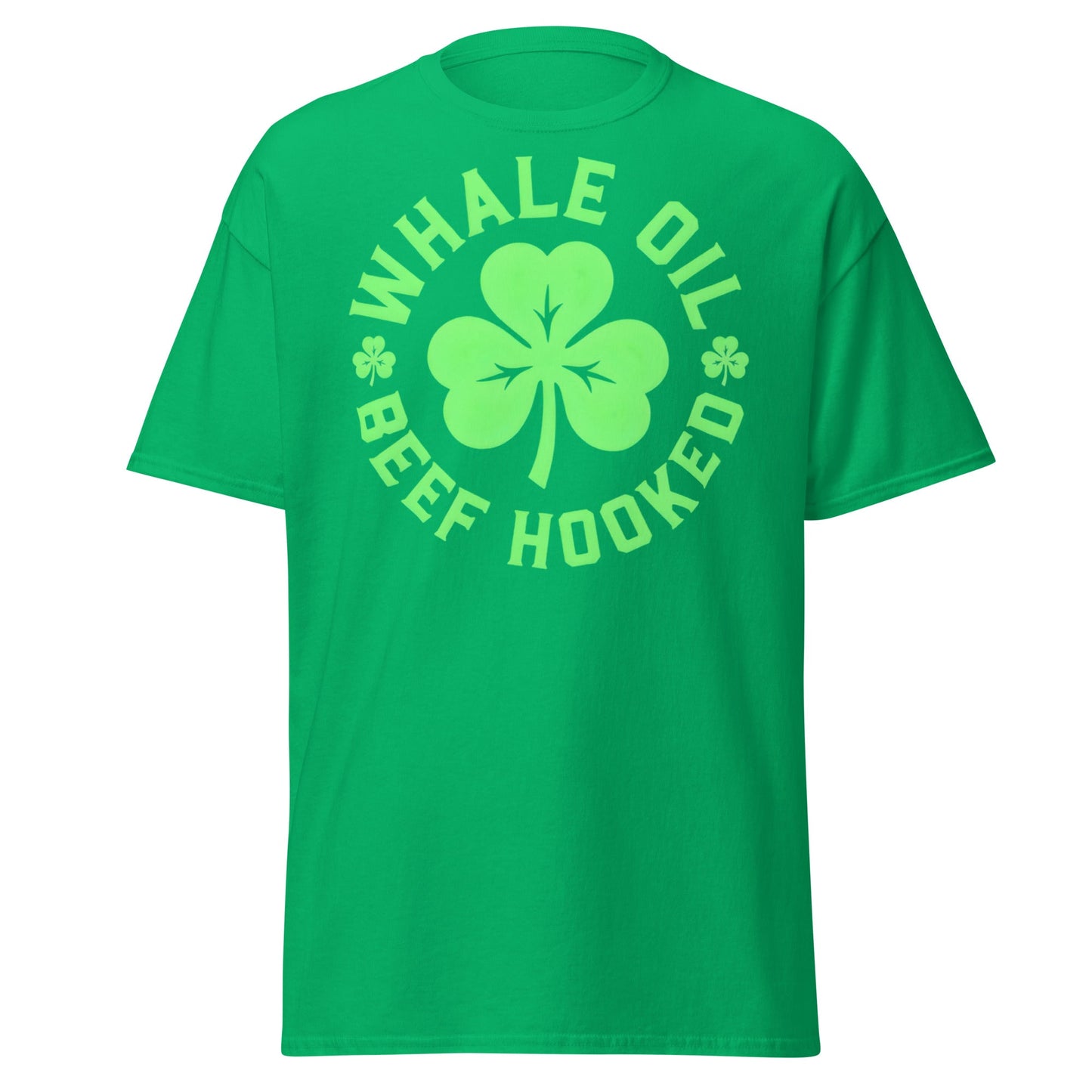 Whale Oil Beef Hooked T-Shirt - Funny Irish Wordplay Tee - Irish Green - T-Shirts Online