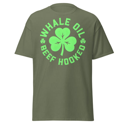 Whale Oil Beef Hooked T-Shirt - Funny Irish Wordplay Tee - Military Green - T-Shirts Online