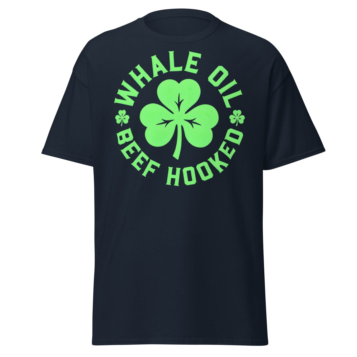 Whale Oil Beef Hooked T-Shirt - Funny Irish Wordplay Tee - Navy - T-Shirts Online