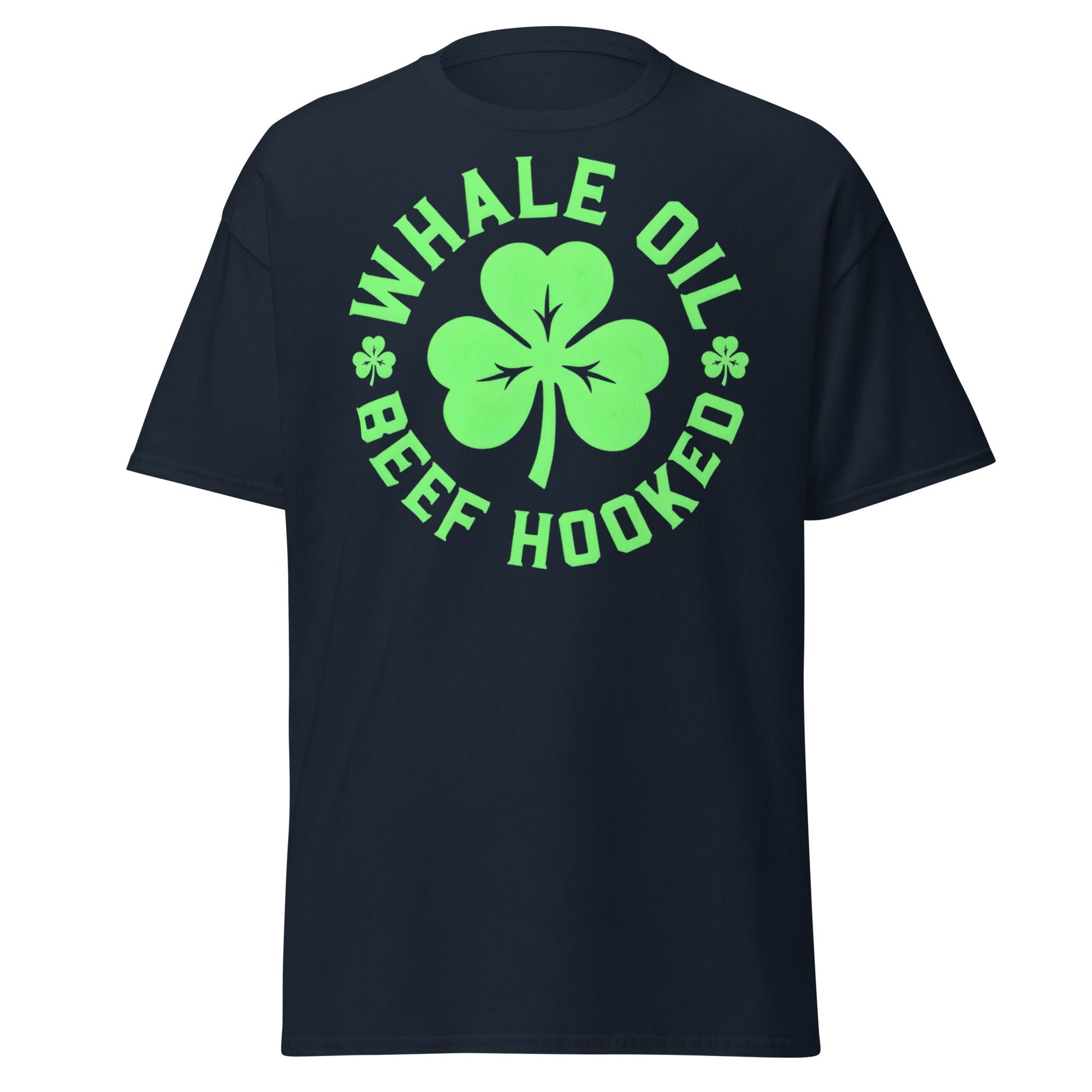 Whale Oil Beef Hooked T-Shirt - Funny Irish Wordplay Tee - Navy - T-Shirts Online