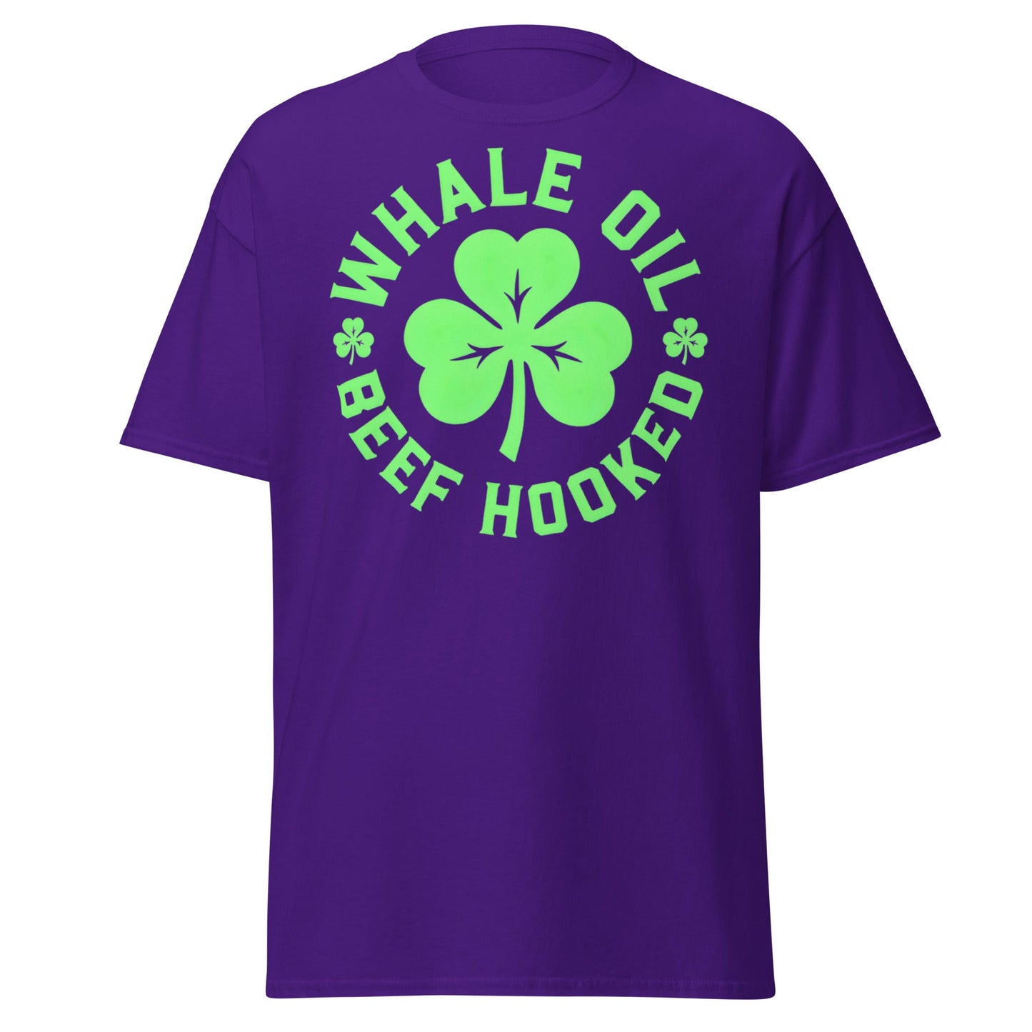 Whale Oil Beef Hooked T-Shirt - Funny Irish Wordplay Tee - Purple - T-Shirts Online