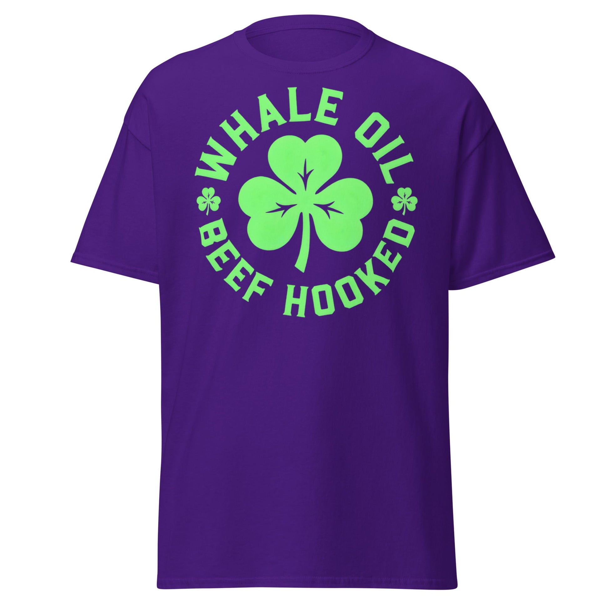 Whale Oil Beef Hooked T-Shirt - Funny Irish Wordplay Tee - Purple - T-Shirts Online