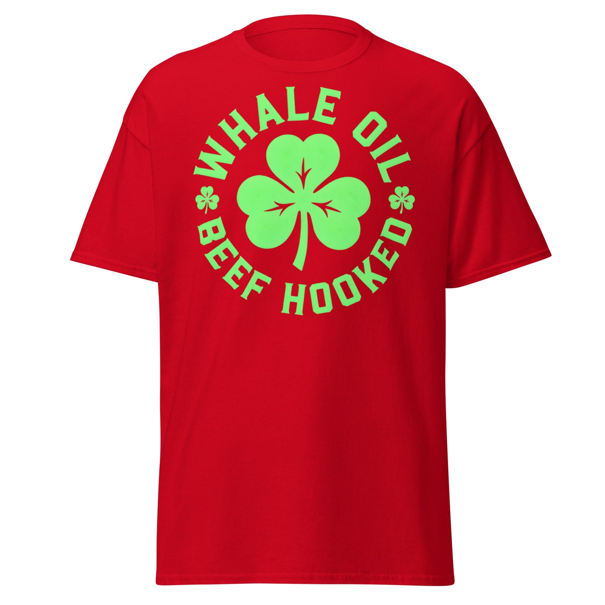 Whale Oil Beef Hooked T-Shirt - Funny Irish Wordplay Tee - Red - T-Shirts Online
