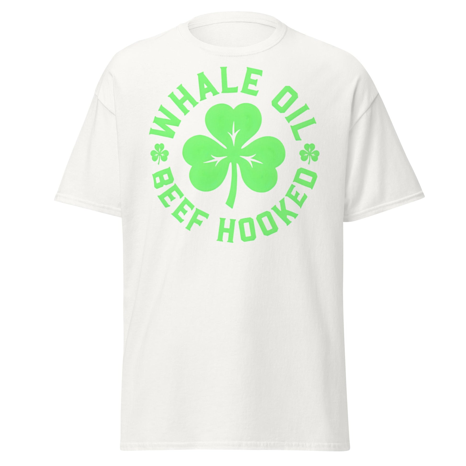 Whale Oil Beef Hooked T-Shirt - Funny Irish Wordplay Tee - White - T-Shirts Online