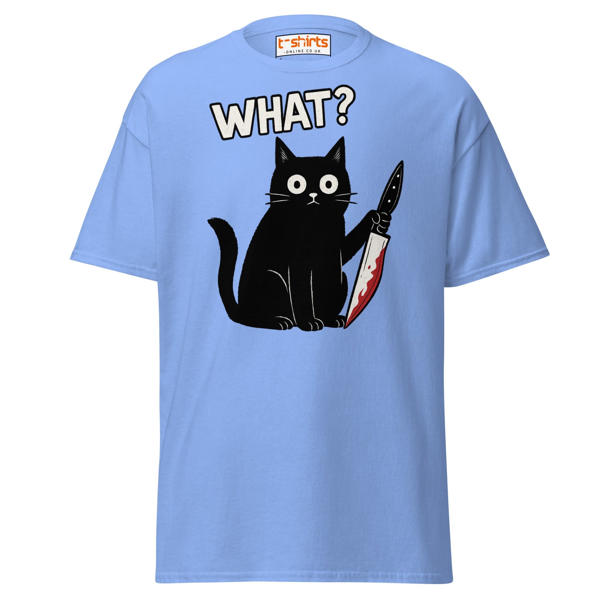 What? Cat T-Shirt – Funny Creepy Black Cat Knife Tee - Carolina Blue - T-Shirts Online
