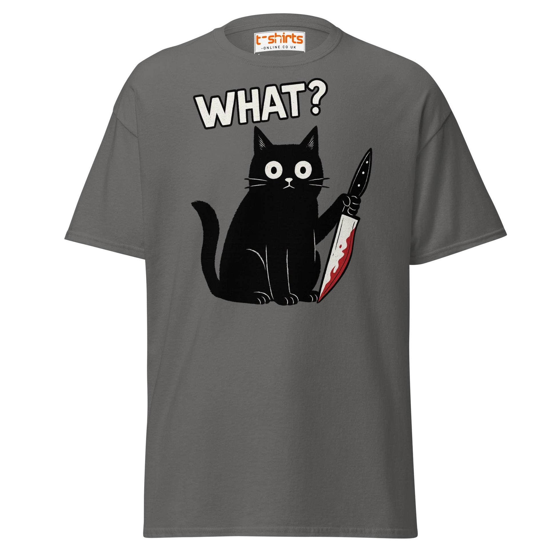 What? Cat T-Shirt – Funny Creepy Black Cat Knife Tee - Charcoal - T-Shirts Online