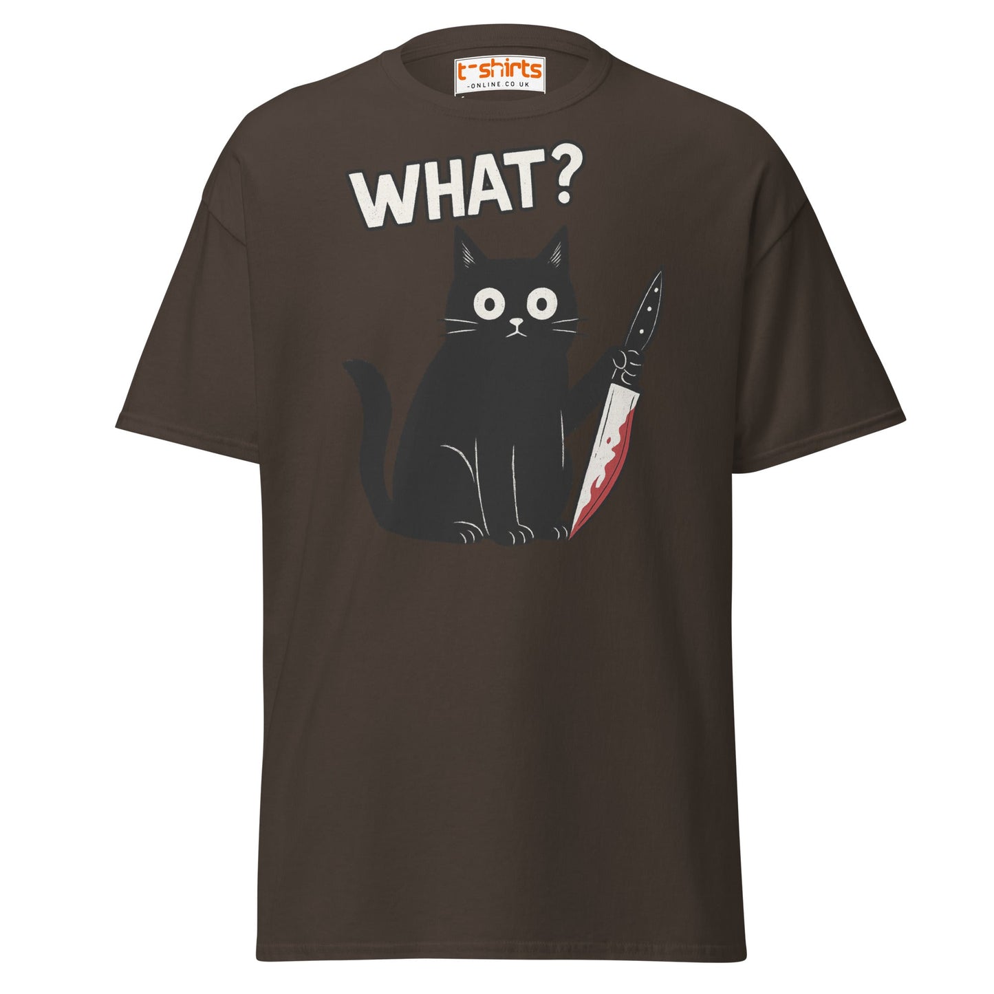 What? Cat T-Shirt – Funny Creepy Black Cat Knife Tee - Dark Chocolate - T-Shirts Online