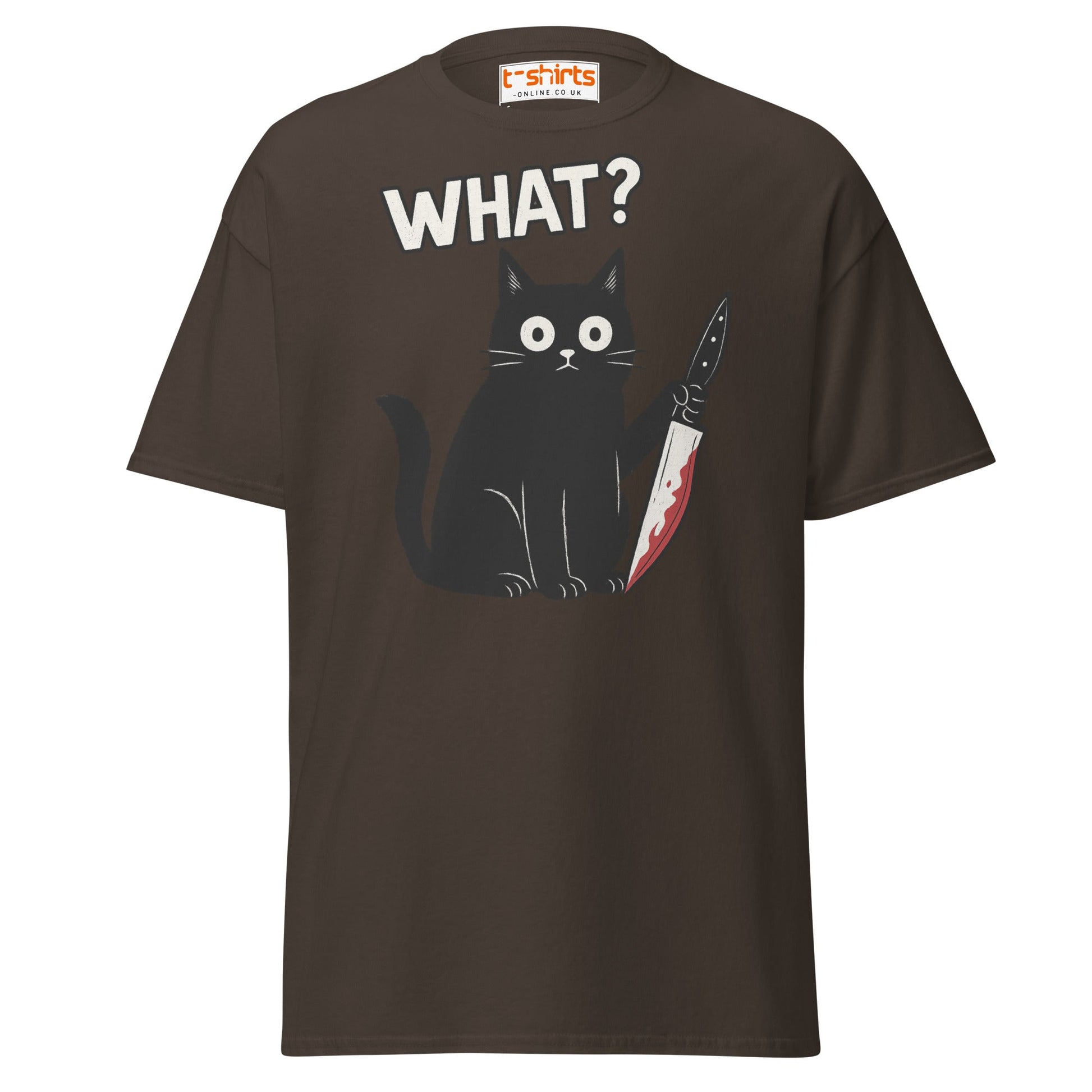 What? Cat T-Shirt – Funny Creepy Black Cat Knife Tee - Dark Chocolate - T-Shirts Online