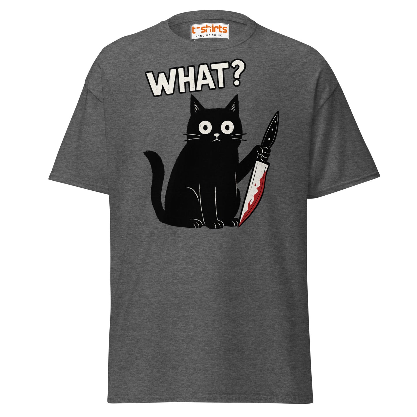 What? Cat T-Shirt – Funny Creepy Black Cat Knife Tee - Dark Heather - T-Shirts Online