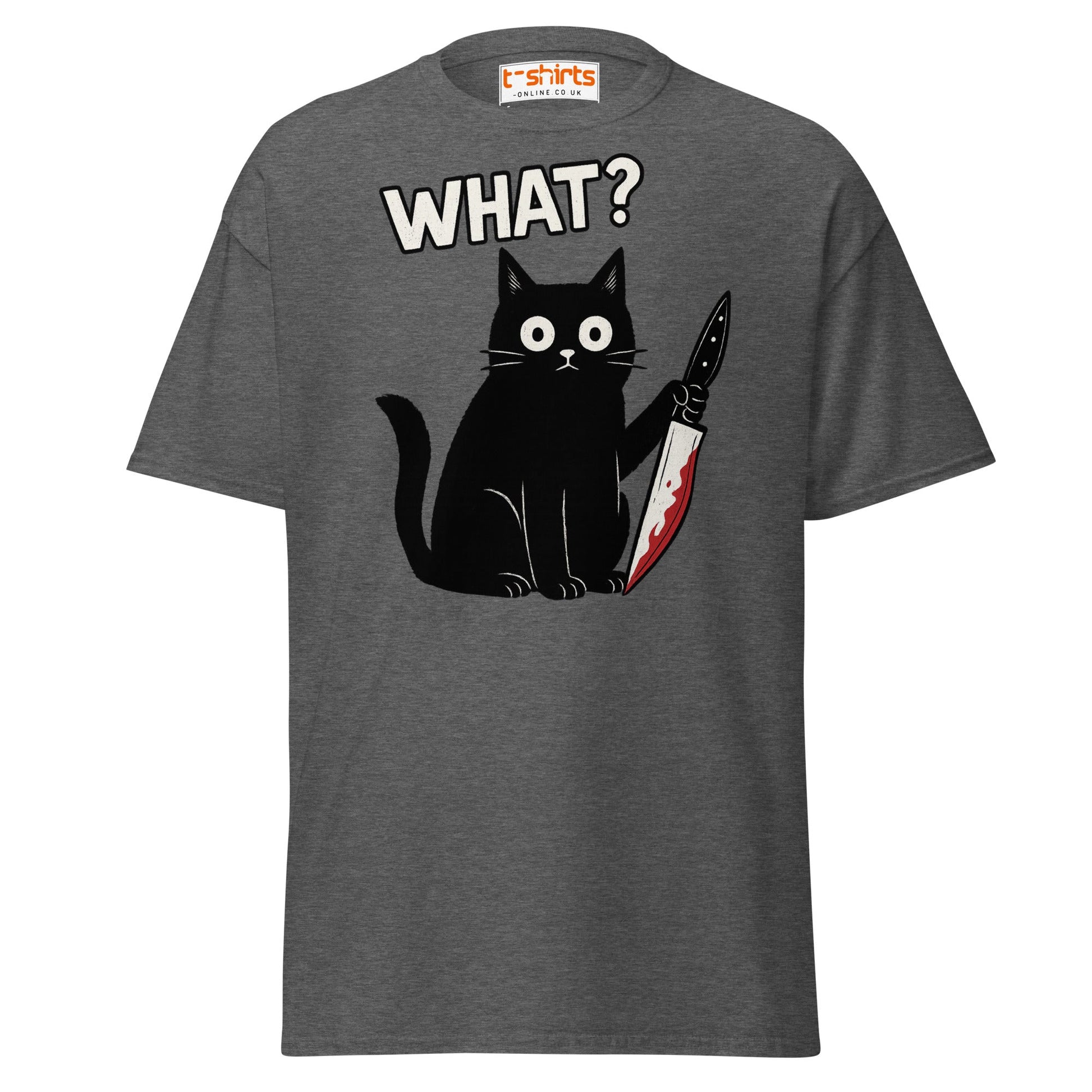 What? Cat T-Shirt – Funny Creepy Black Cat Knife Tee - Dark Heather - T-Shirts Online