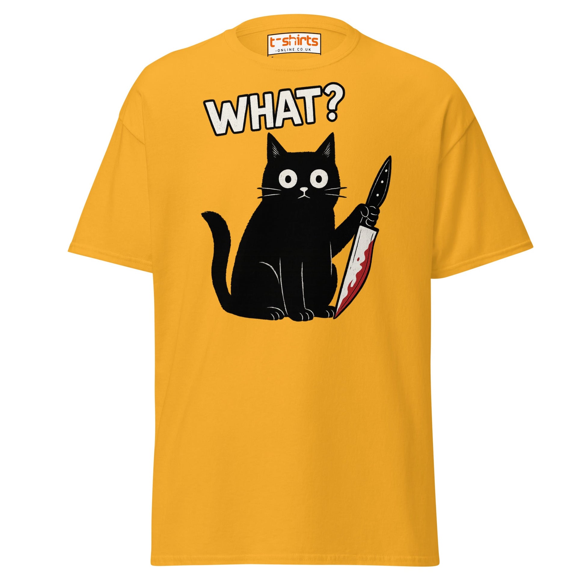 What? Cat T-Shirt – Funny Creepy Black Cat Knife Tee - Gold - T-Shirts Online