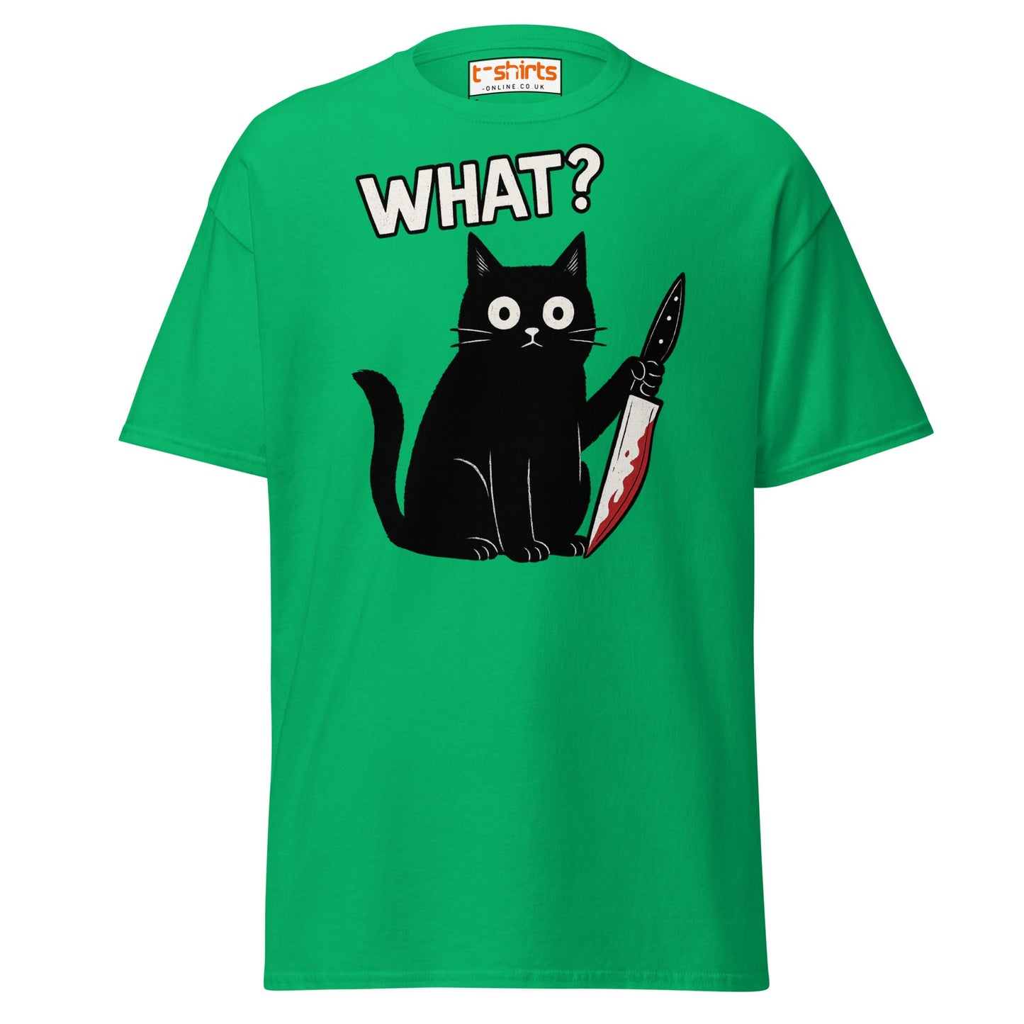 What? Cat T-Shirt – Funny Creepy Black Cat Knife Tee - Irish Green - T-Shirts Online