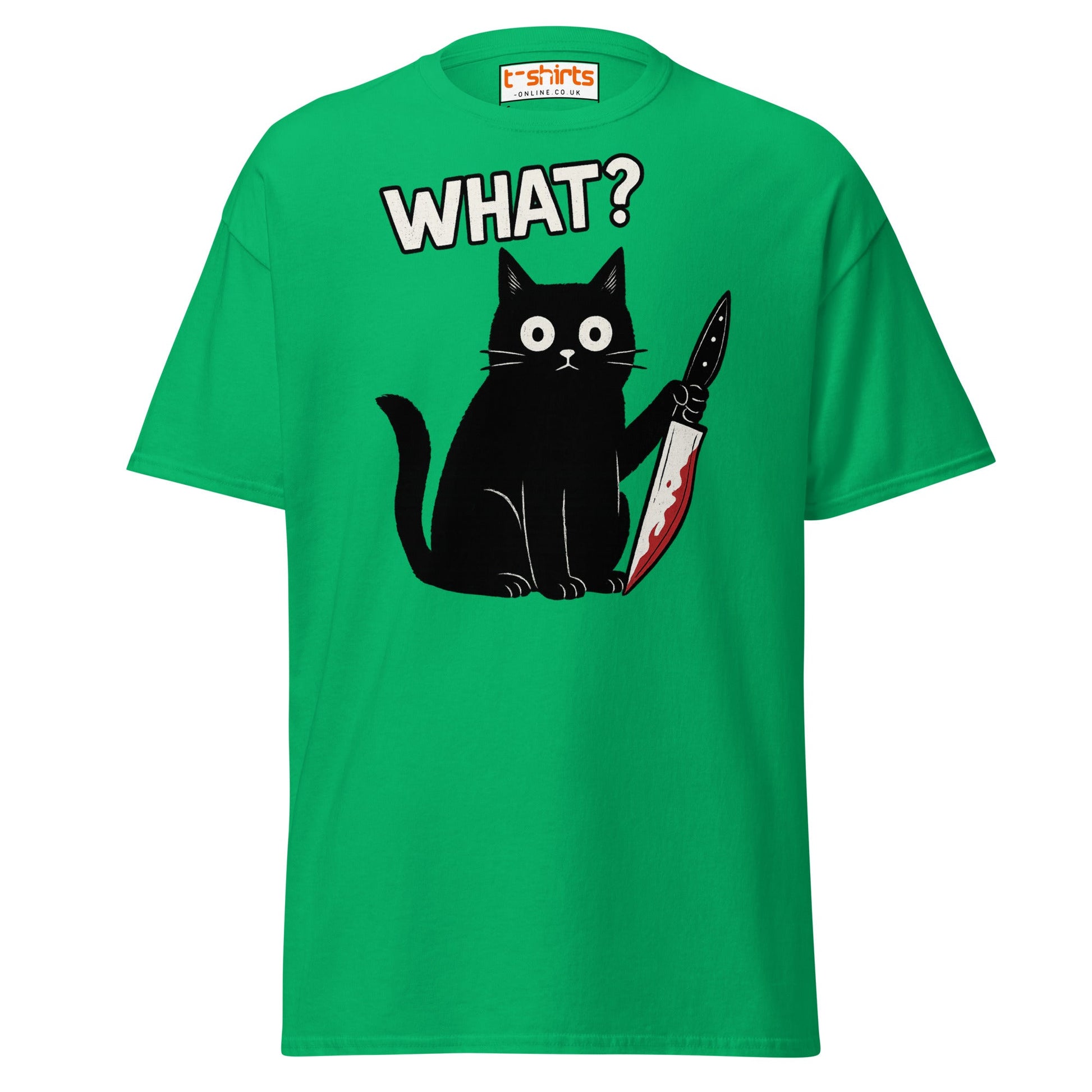 What? Cat T-Shirt – Funny Creepy Black Cat Knife Tee - Irish Green - T-Shirts Online