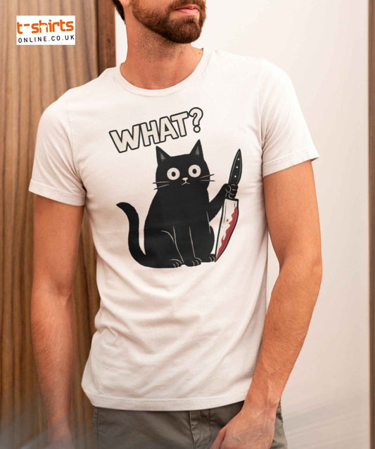 Black cartoon cat holding a bloody knife with wide eyes, looking confused next to the word “WHAT?” in bold white letters.