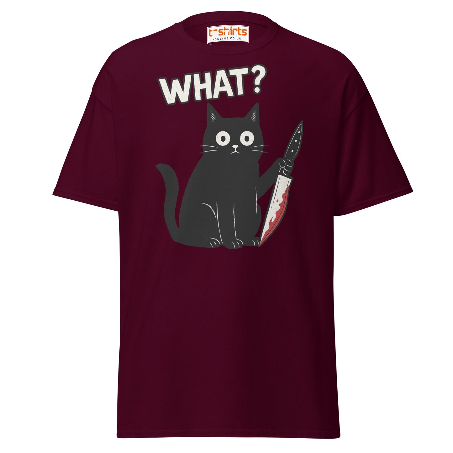 What? Cat T-Shirt – Funny Creepy Black Cat Knife Tee - Maroon - T-Shirts Online
