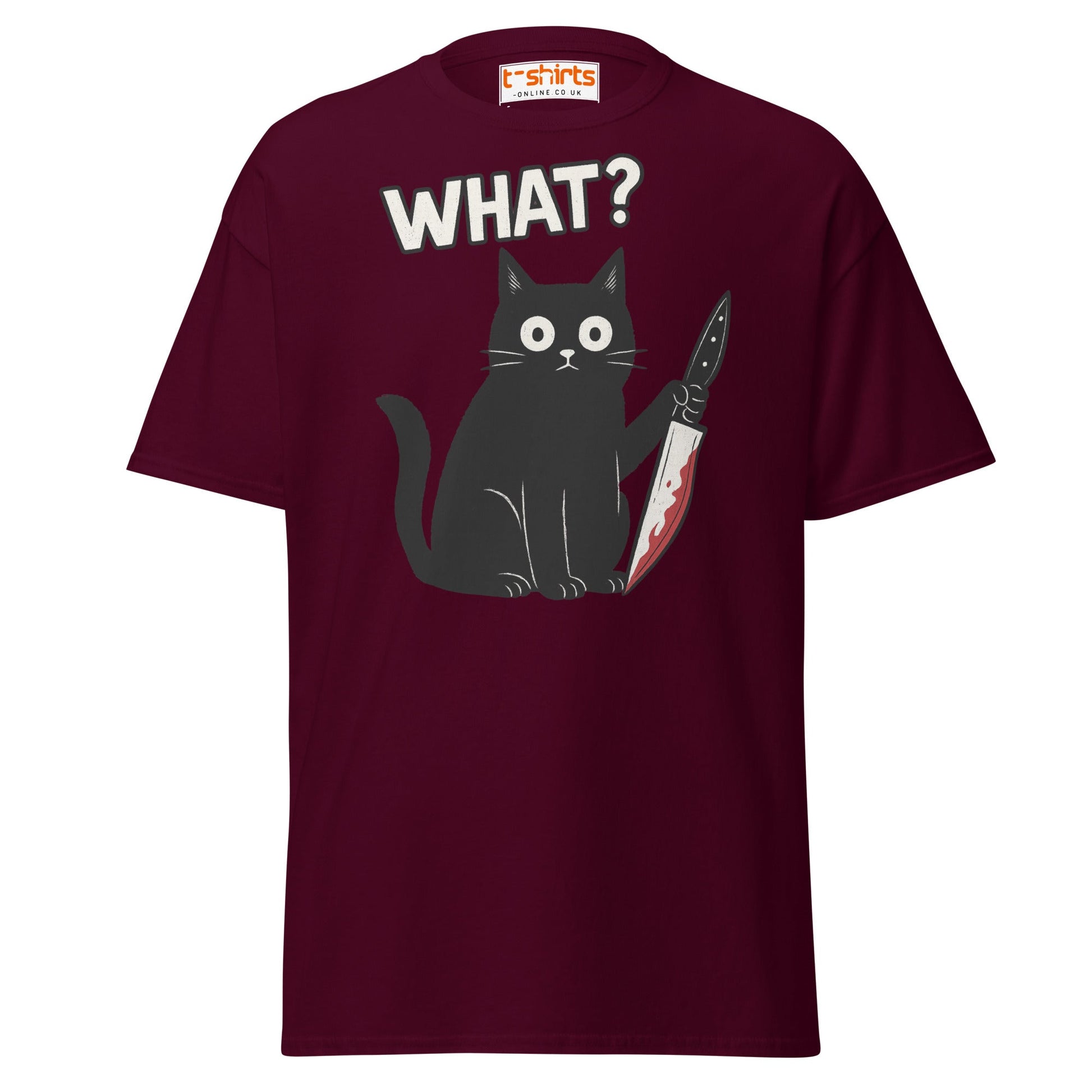 What? Cat T-Shirt – Funny Creepy Black Cat Knife Tee - Maroon - T-Shirts Online
