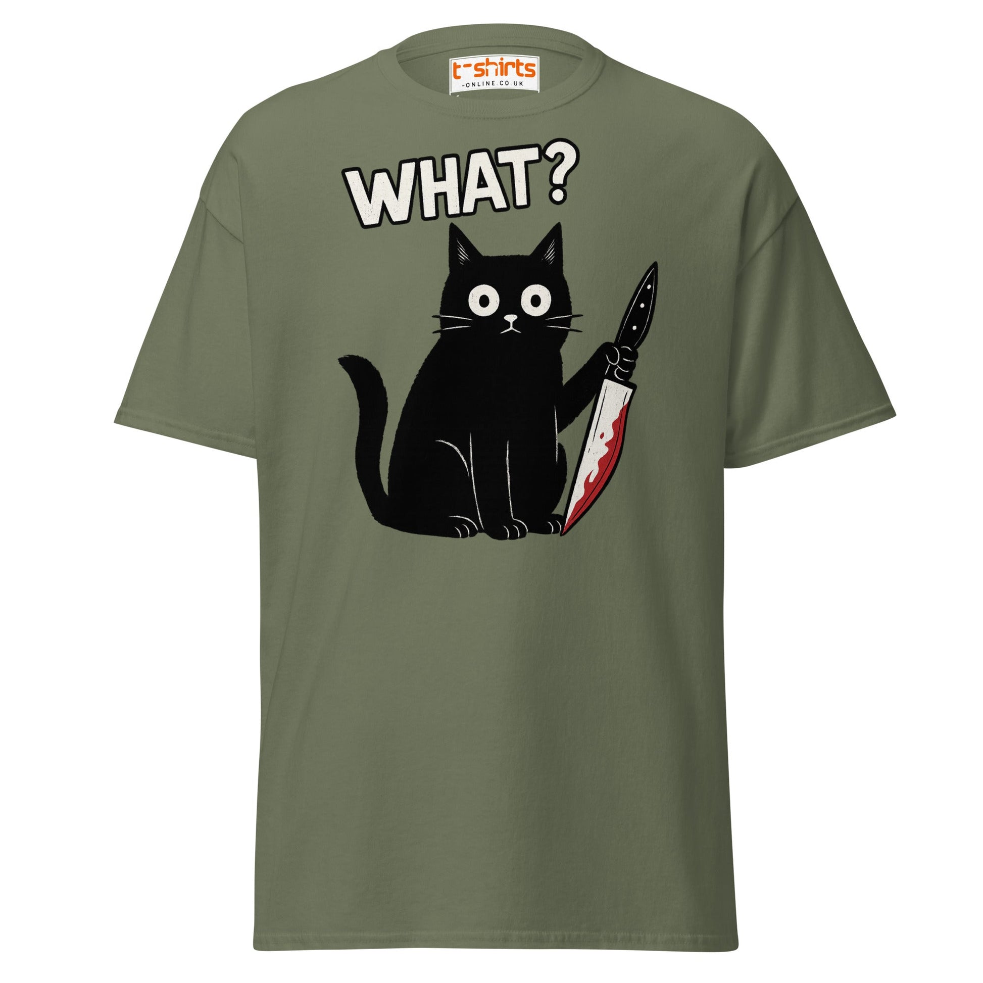 What? Cat T-Shirt – Funny Creepy Black Cat Knife Tee - Military Green - T-Shirts Online