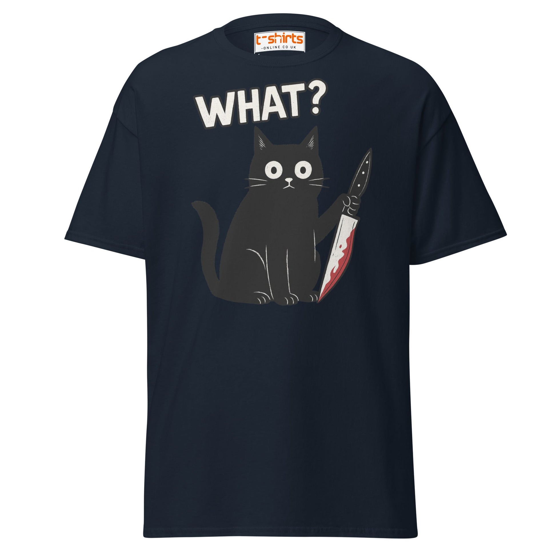 What? Cat T-Shirt – Funny Creepy Black Cat Knife Tee - Navy - T-Shirts Online