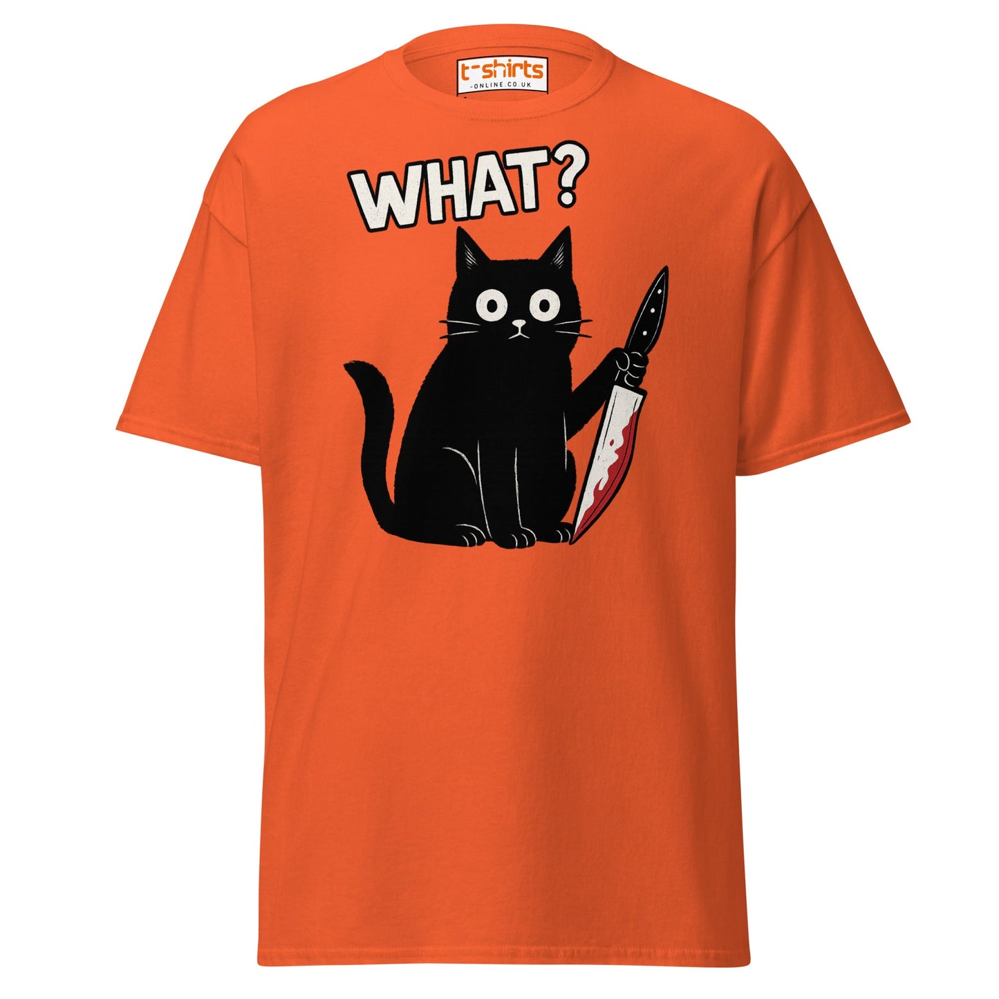 What? Cat T-Shirt – Funny Creepy Black Cat Knife Tee - Orange - T-Shirts Online