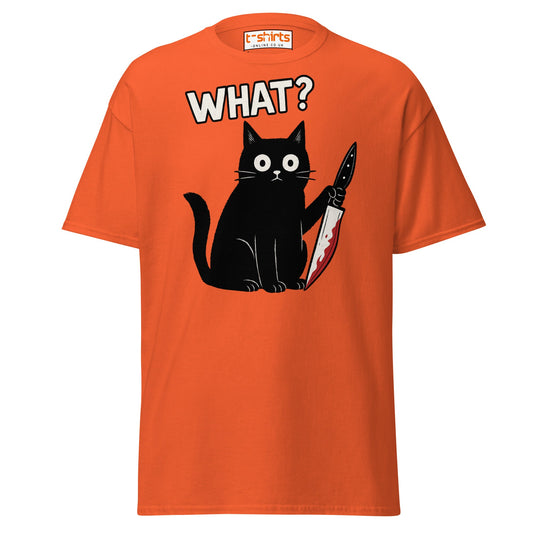 What? Cat T-Shirt – Funny Creepy Black Cat Knife Tee - Orange - T-Shirts Online