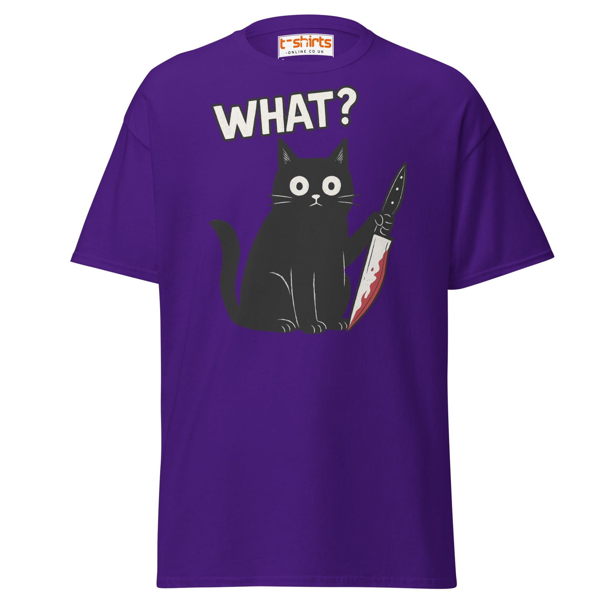 What? Cat T-Shirt – Funny Creepy Black Cat Knife Tee - Purple - T-Shirts Online