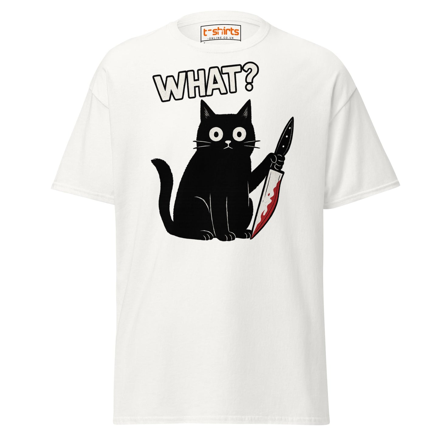 What? Cat T-Shirt – Funny Creepy Black Cat Knife Tee - White - T-Shirts Online
