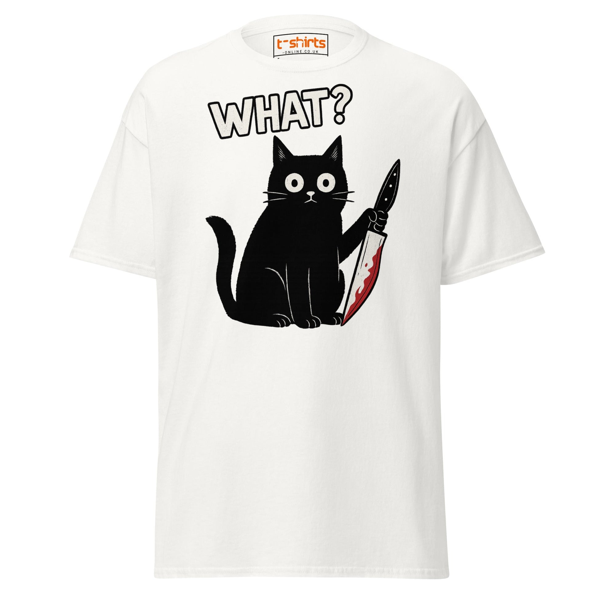What? Cat T-Shirt – Funny Creepy Black Cat Knife Tee - White - T-Shirts Online