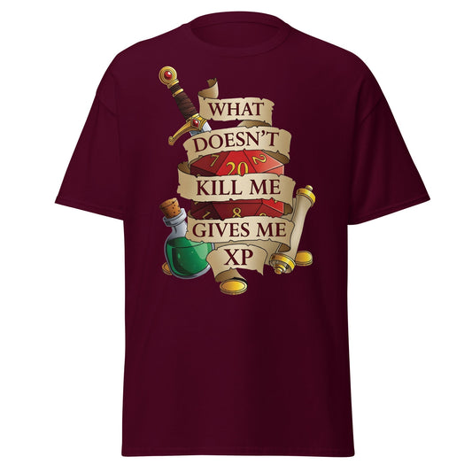 What Doesn't Kill Me Gives Me XP Funny RPG Gamer T-Shirt - Maroon - T-Shirts Online