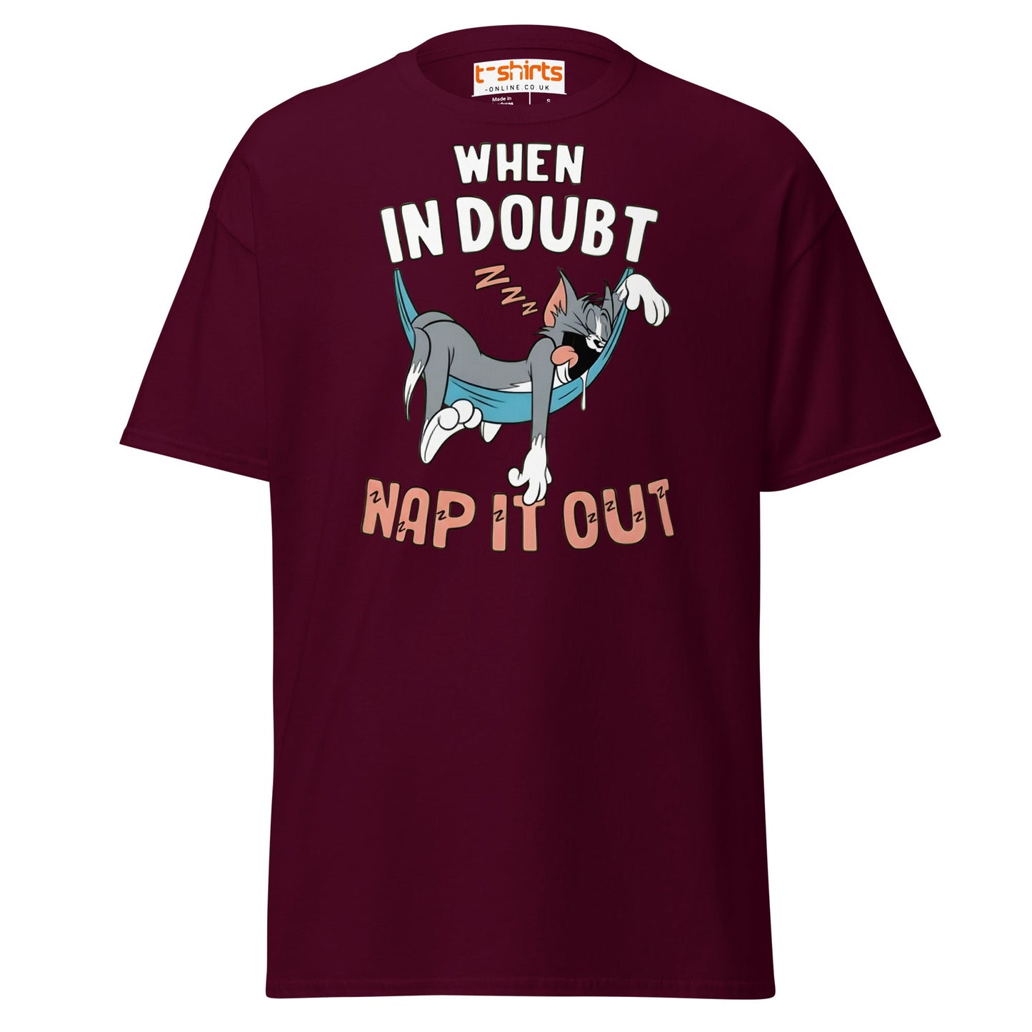 When in Doubt Nap It Out T-Shirt – Funny Lazy Cat Tee - Maroon - T-Shirts Online