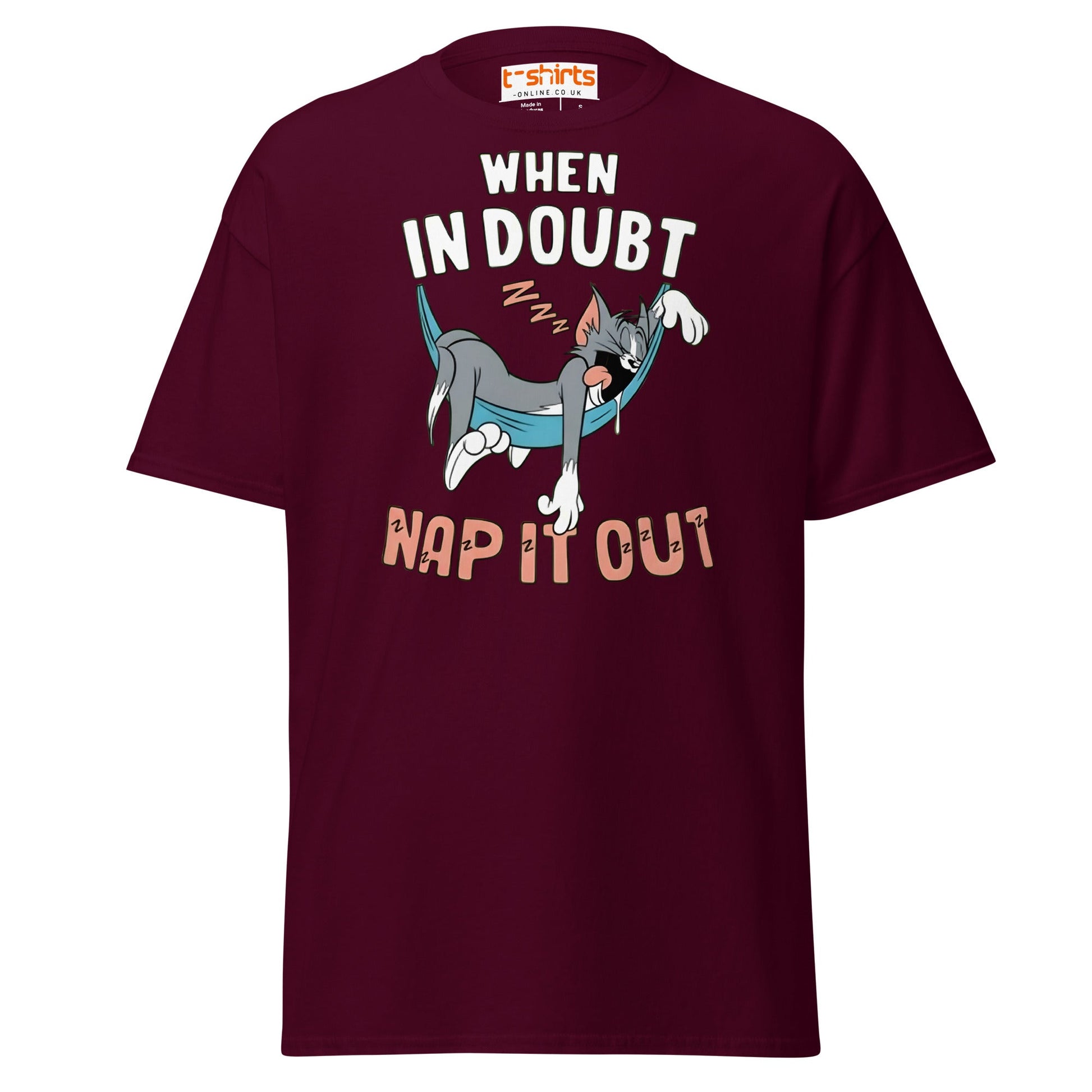 When in Doubt Nap It Out T-Shirt – Funny Lazy Cat Tee - Maroon - T-Shirts Online