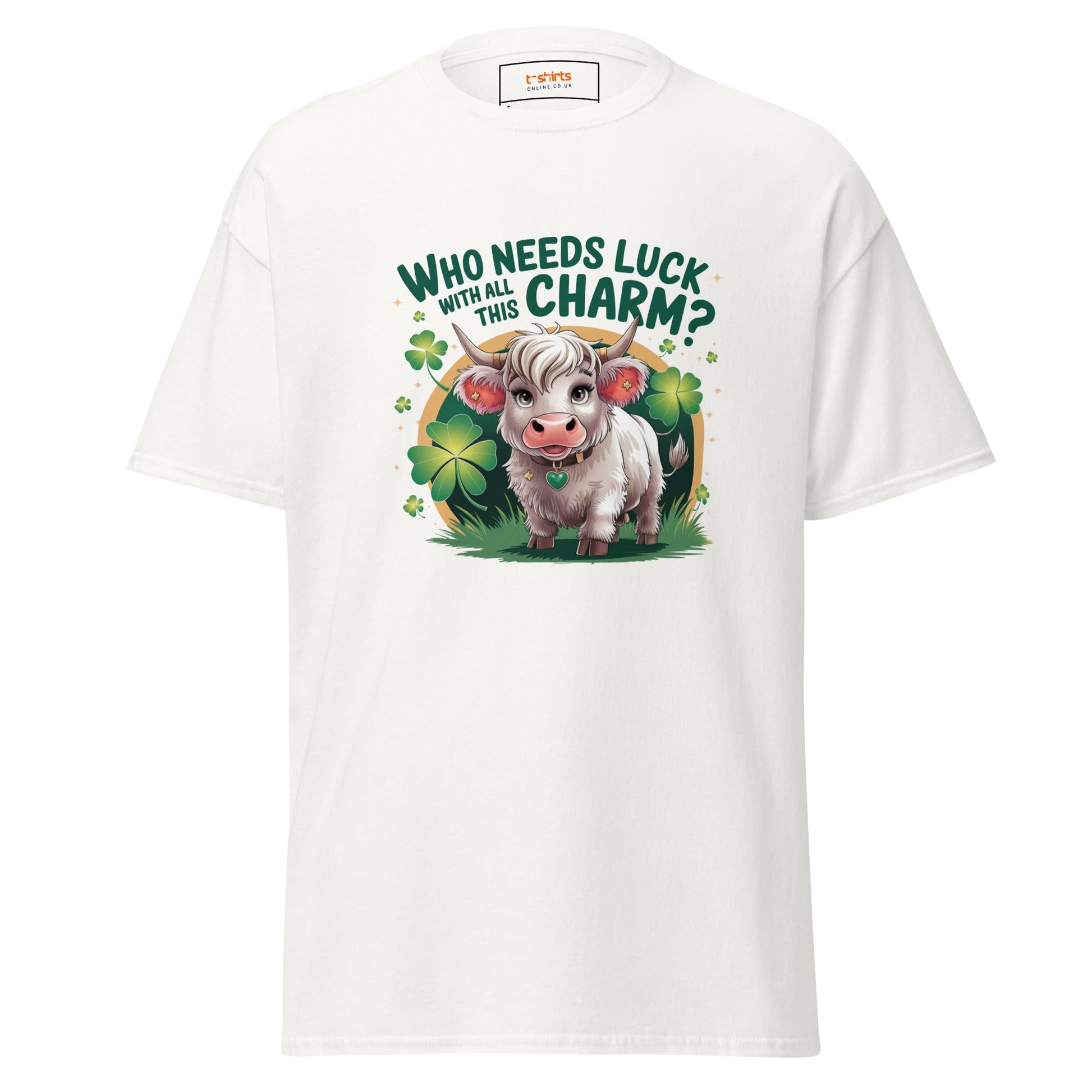 Who Needs Luck | Highland Cow T-Shirt - White - T-Shirts Online