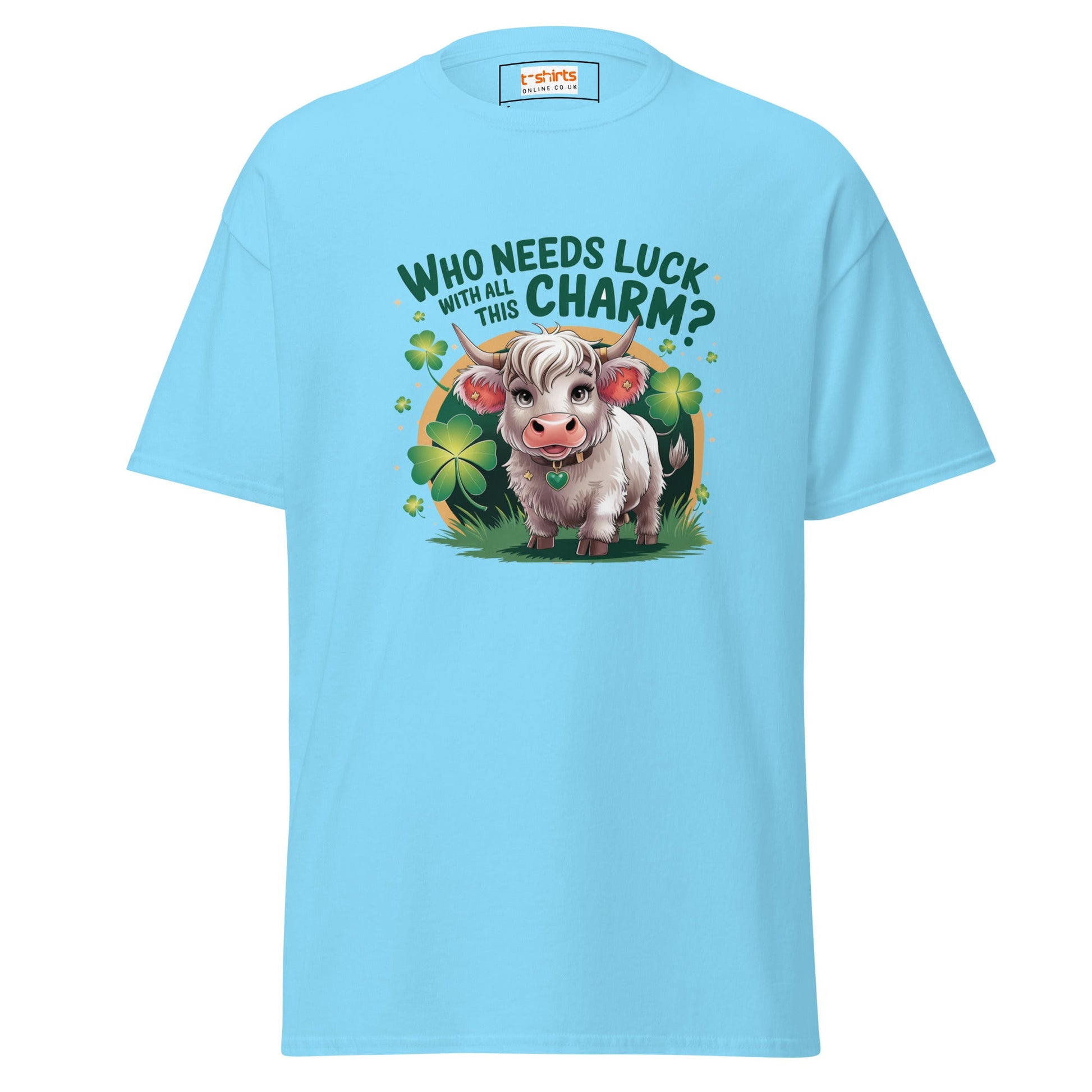 Who Needs Luck | Highland Cow T-Shirt - Sky - T-Shirts Online