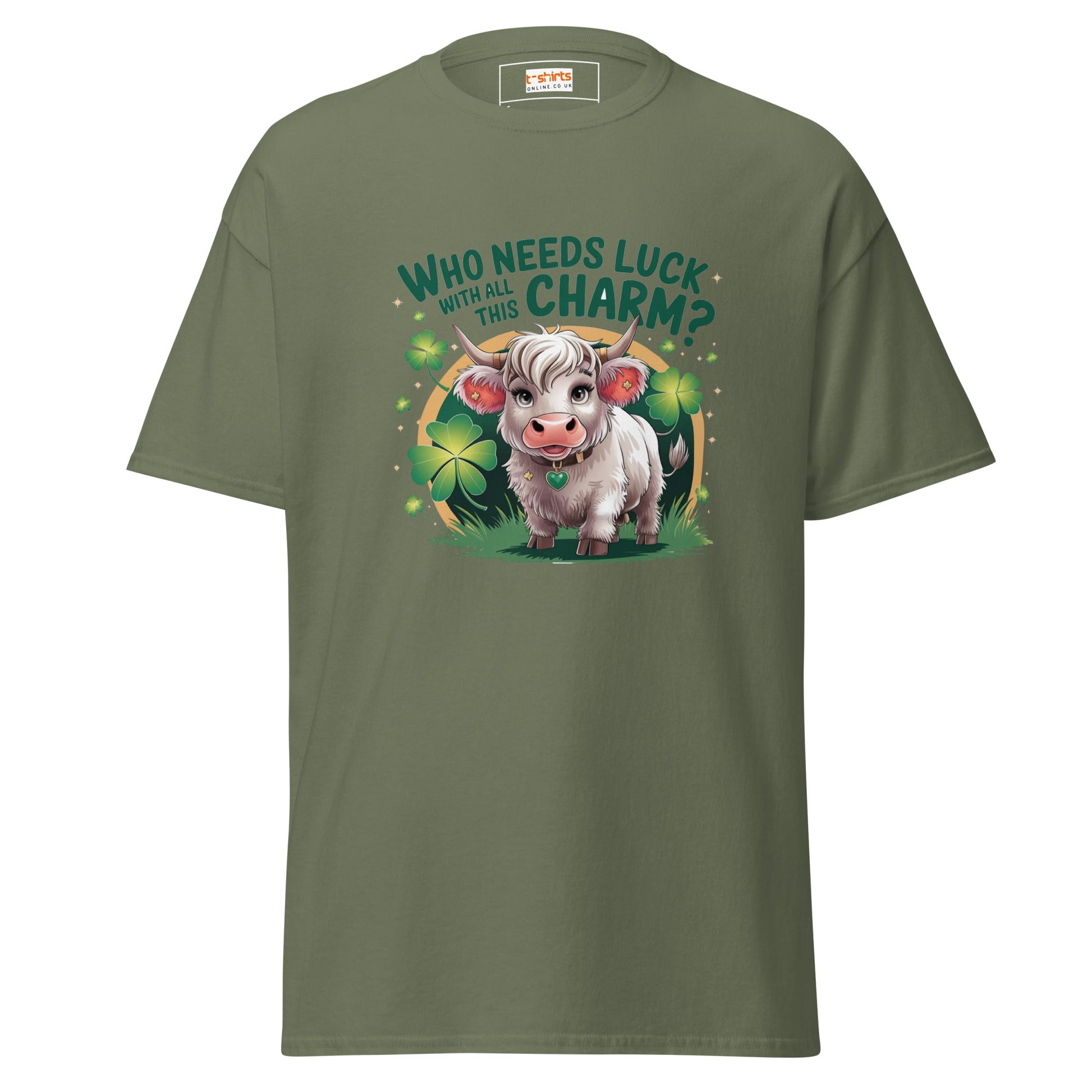 Who Needs Luck | Highland Cow T-Shirt - Military Green - T-Shirts Online