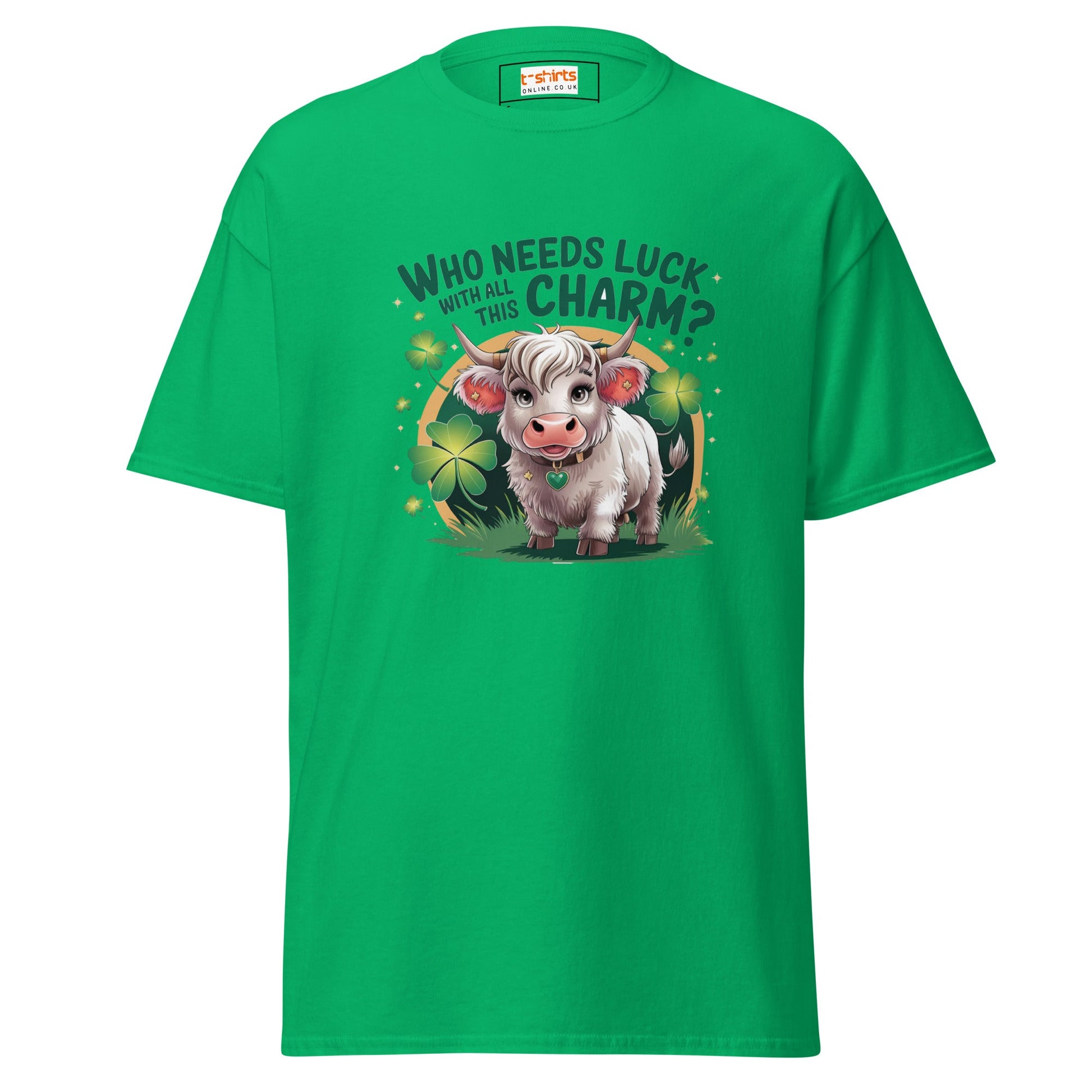 Who Needs Luck | Highland Cow T-Shirt - Irish Green - T-Shirts Online