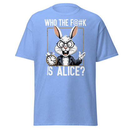 Who The F@k Is Alice? | Funny White Rabbit Graphic Tee - Carolina Blue - T-Shirts Online