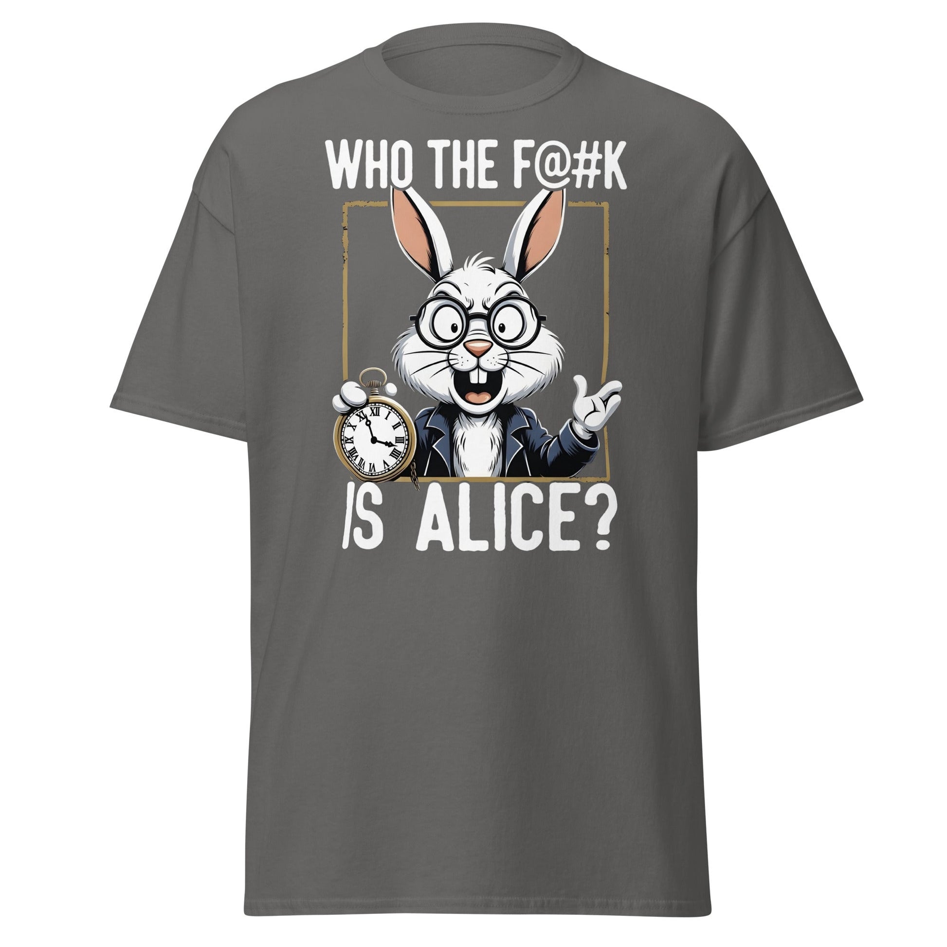 Who The F@k Is Alice? | Funny White Rabbit Graphic Tee - Charcoal - T-Shirts Online