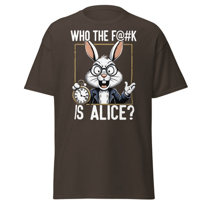 Who The F@k Is Alice? | Funny White Rabbit Graphic Tee - Dark Chocolate - T-Shirts Online