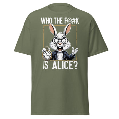 Who The F@k Is Alice? | Funny White Rabbit Graphic Tee - Military Green - T-Shirts Online