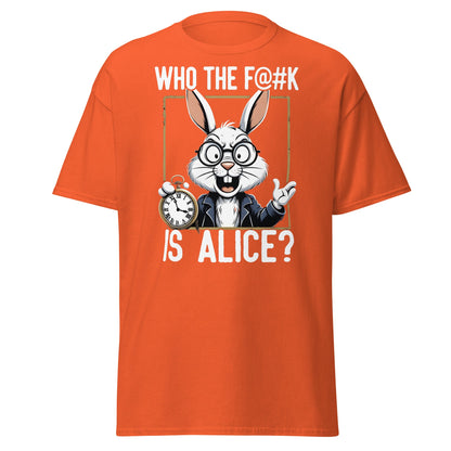 Who The F@k Is Alice? | Funny White Rabbit Graphic Tee - Orange - T-Shirts Online