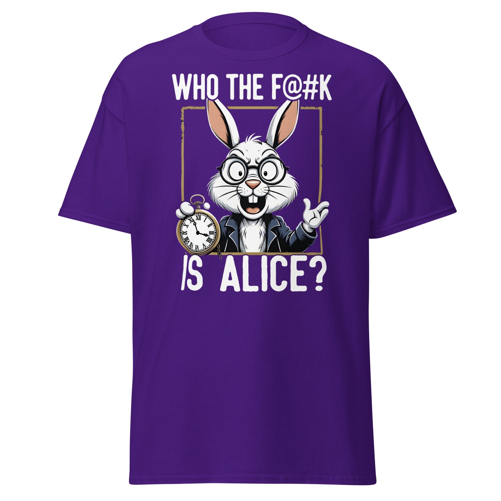 Who The F@k Is Alice? | Funny White Rabbit Graphic Tee - Purple - T-Shirts Online