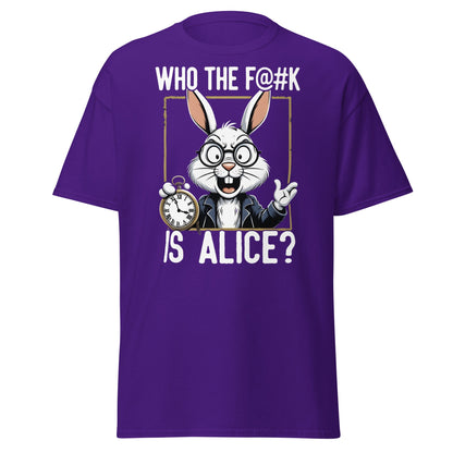 Who The F@k Is Alice? | Funny White Rabbit Graphic Tee - Purple - T-Shirts Online