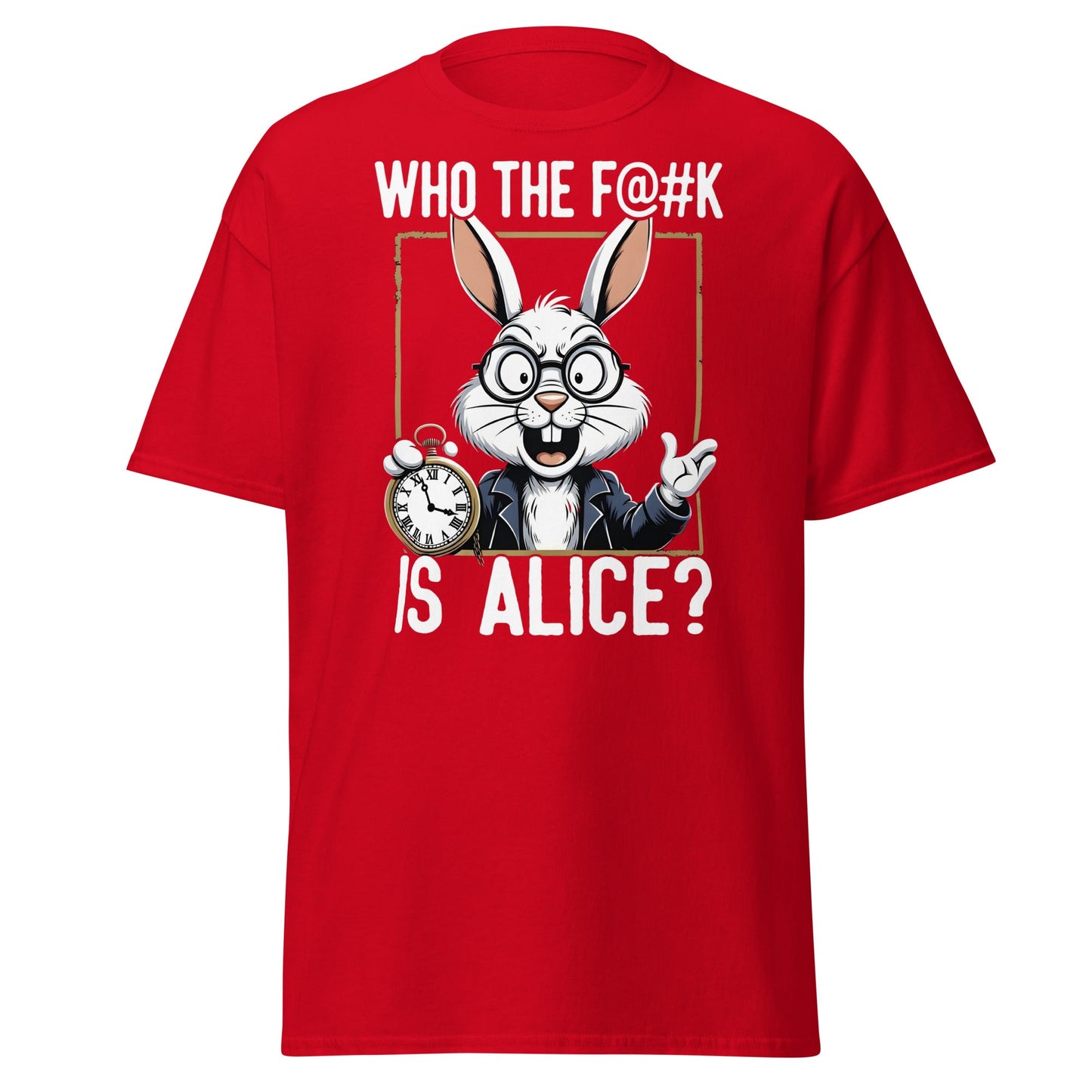 Who The F@k Is Alice? | Funny White Rabbit Graphic Tee - Red - T-Shirts Online
