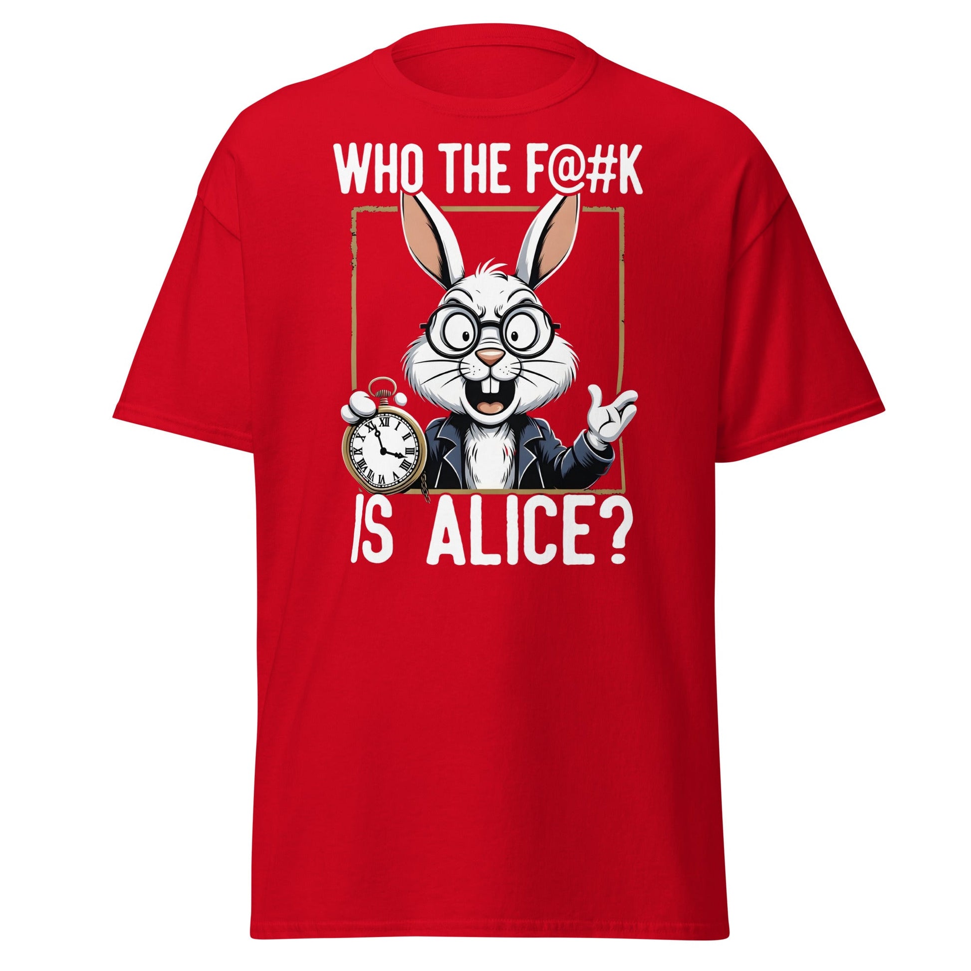 Who The F@k Is Alice? | Funny White Rabbit Graphic Tee - Red - T-Shirts Online