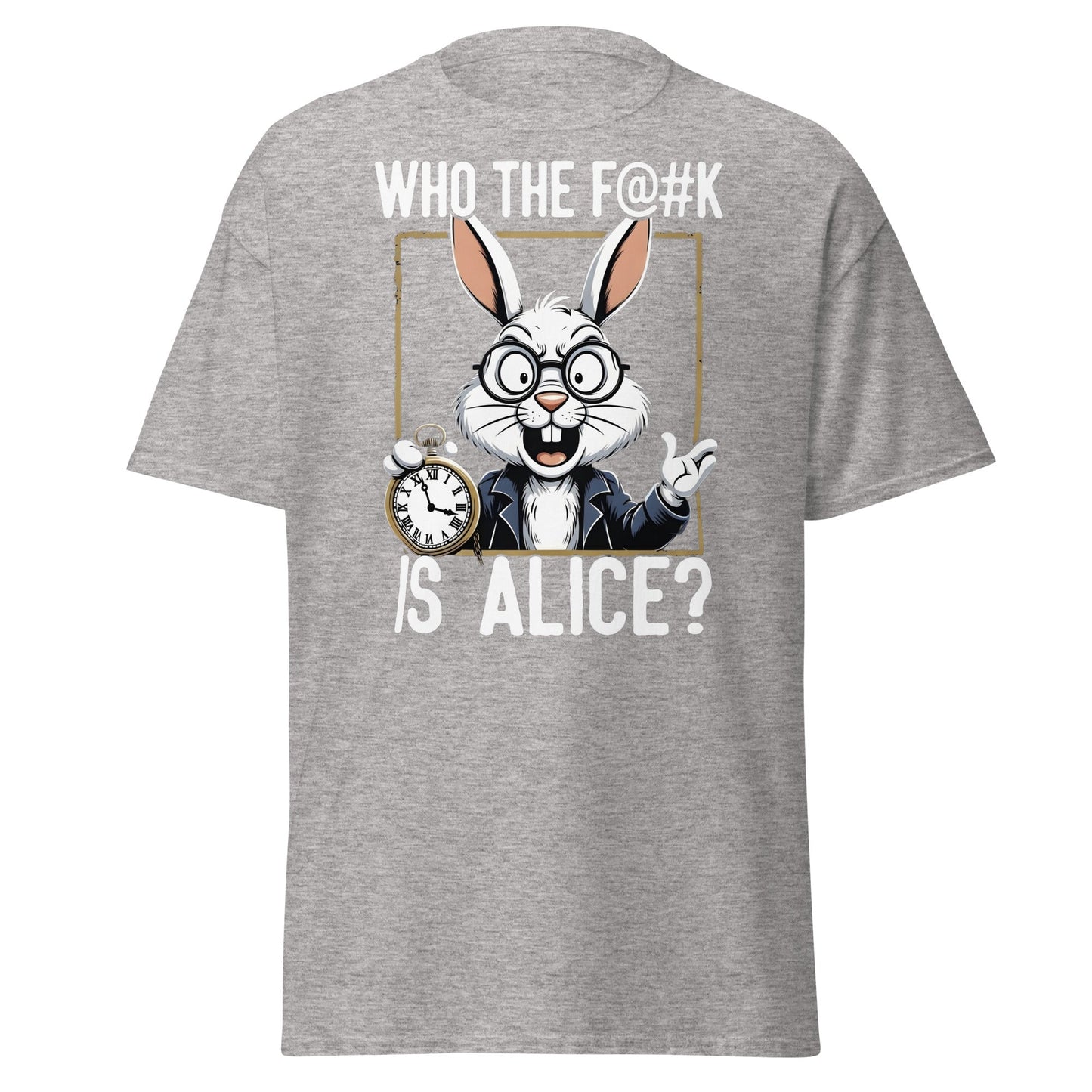 Who The F@k Is Alice? | Funny White Rabbit Graphic Tee - Sport Grey - T-Shirts Online