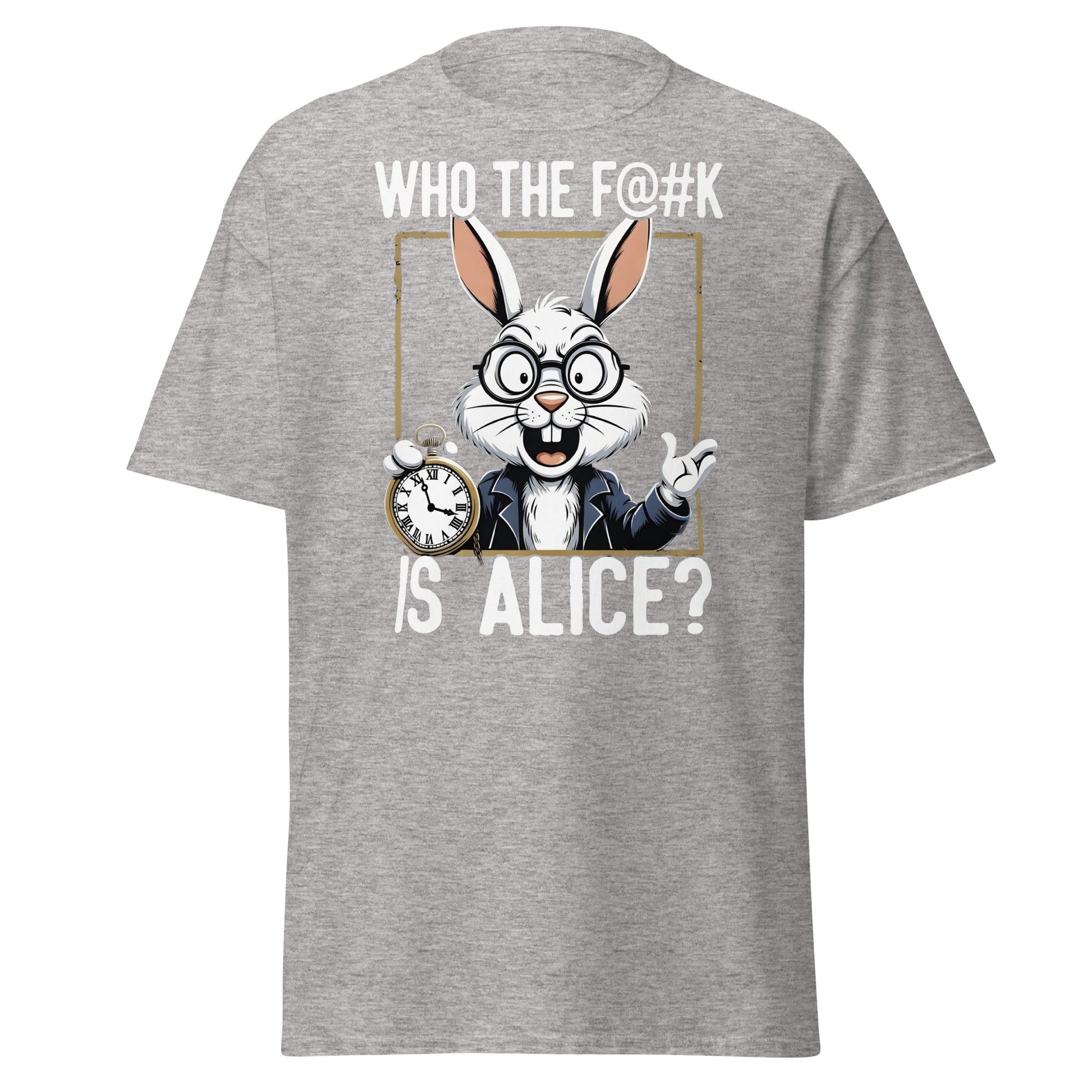 Who The F@k Is Alice? | Funny White Rabbit Graphic Tee - Sport Grey - T-Shirts Online